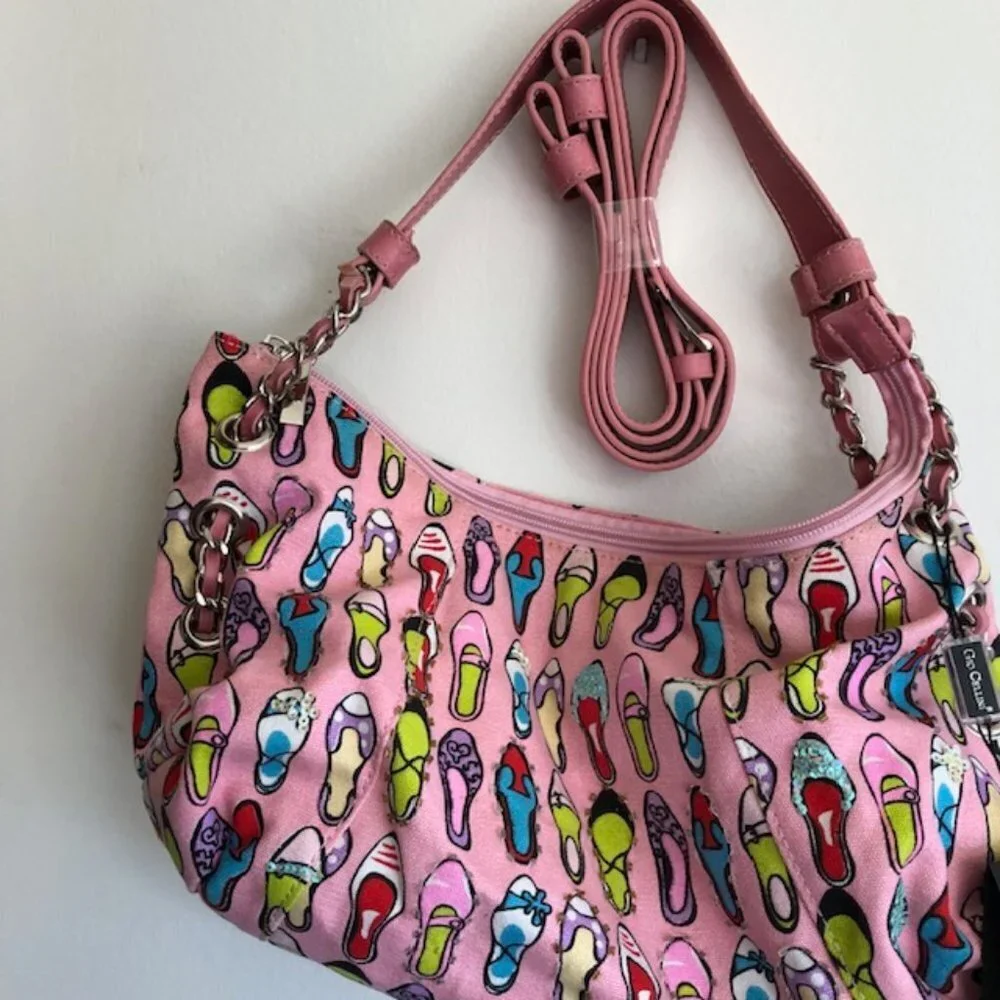 GIO CELLINI Bead Sequin Pink Canvas Shoe Print Hobo Shoulder Bag/Purse